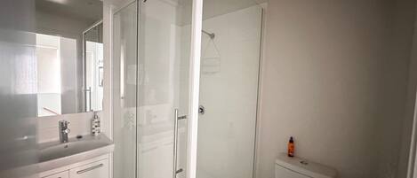 A bathroom with a glass shower enclosure, a sink with a mirror, and a toilet.