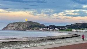 A coastal landscape with a rocky beach, a person in a pink jacket, and a town in the background. - The Kendrick Exclusively for Adults (Llandudno)