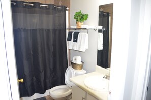 Hair dryer, towels, soap, shampoo