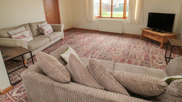 A living room with a beige sofa, a patterned rug, a television on a wooden stand, and a window with curtains. - Causeway Cottage (Berwick-upon-Tweed)