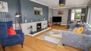 A living room with a fireplace, a TV, and two sofas. - Coedfan (Ruthin)