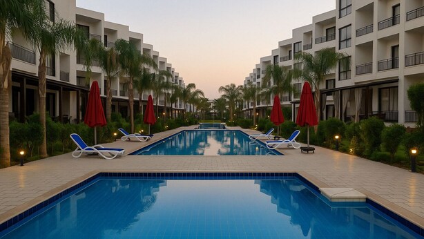 A swimming pool with lounge chairs and umbrellas, surrounded by palm trees and a multi-story building. - Luxurious Chalet With Pool View in Porto Said Resor (Al-Manasrah)