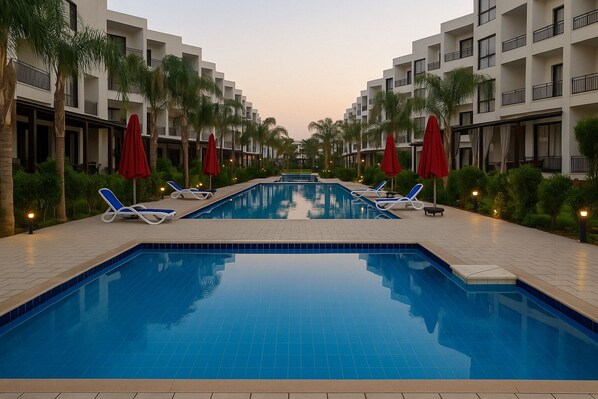 A swimming pool with lounge chairs and red umbrellas, surrounded by palm trees and a multi-story building.