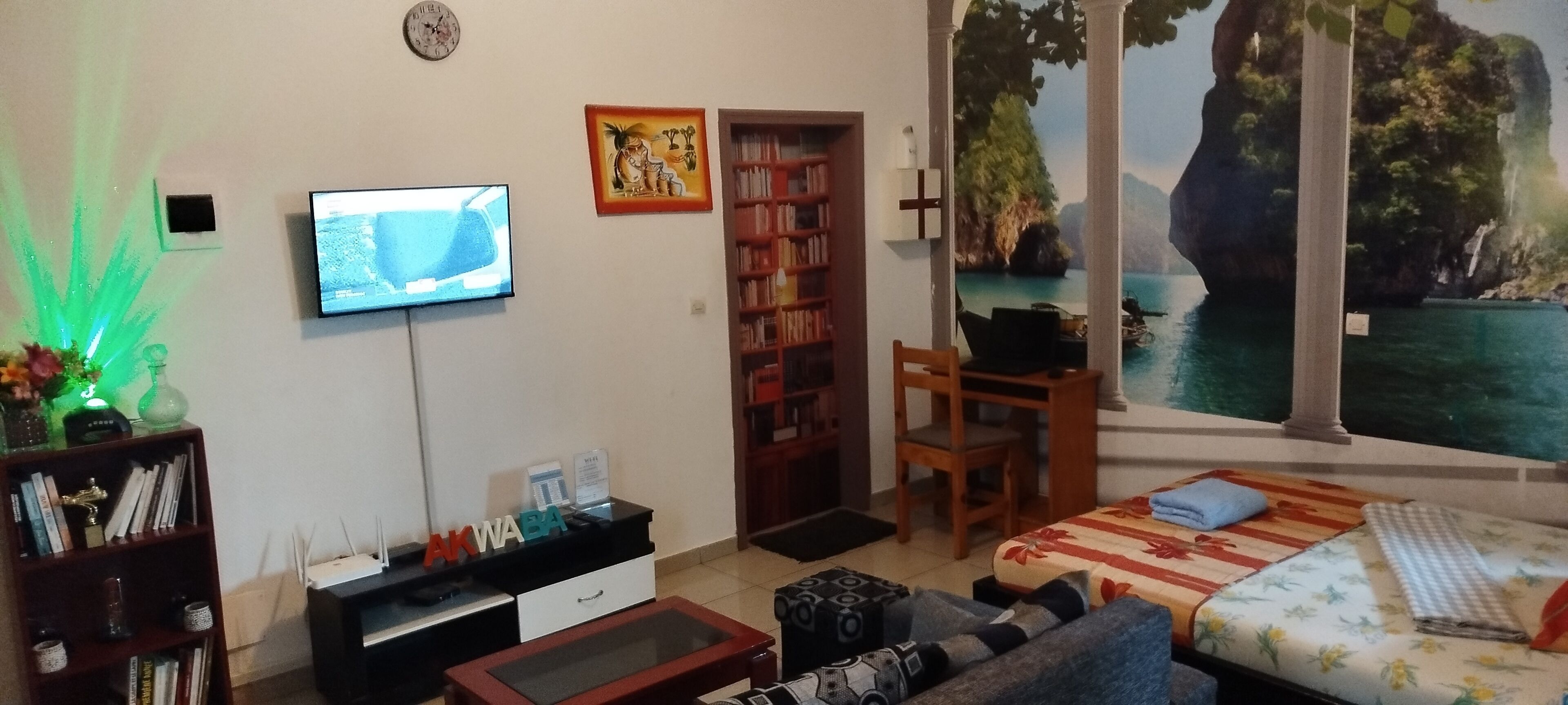 A living room with a TV, bookshelf, and a bed with a view of a coastal landscape.