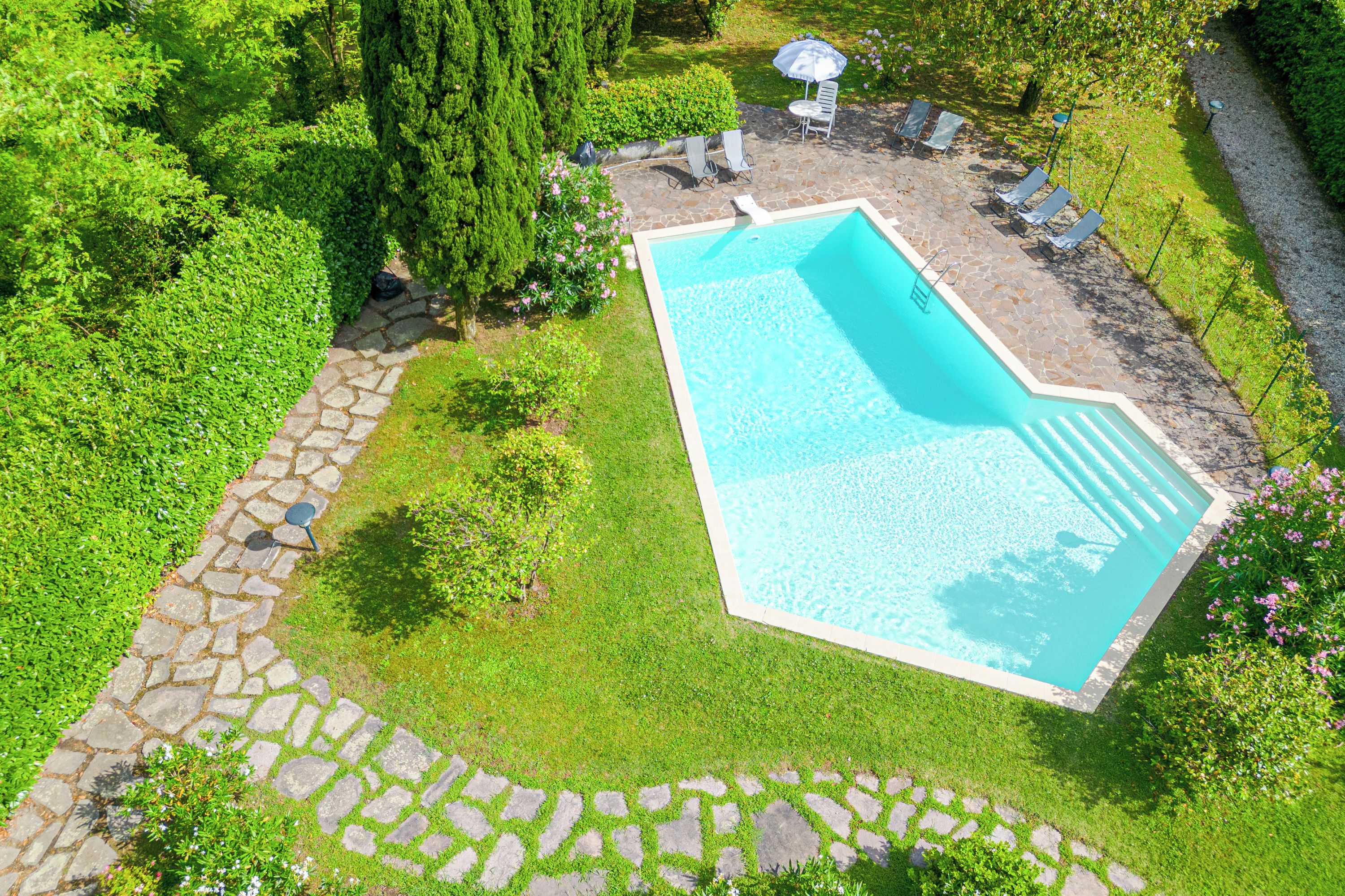 A rectangular swimming pool with a stone border, surrounded by a stone pathway, and a grassy area with a few trees and bushes.