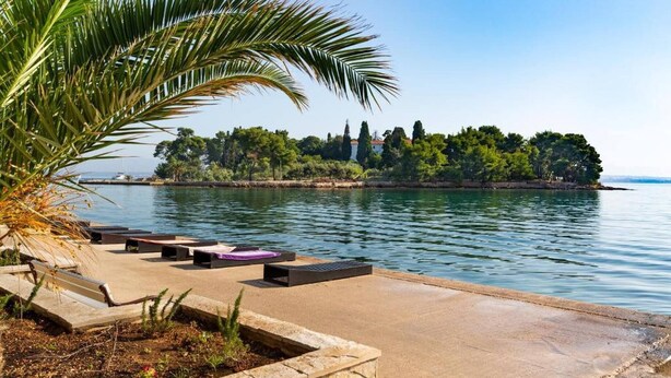 A waterfront patio with outdoor seating and a palm tree. - 3-bedroom Holiday House Giovanni (Preko)