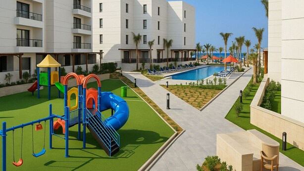 A children's play area with a slide and swings, a pool, and a pathway leading to a building with balconies. - Elegant Chalet With Ocean Views in Porto Said Resort (Al-Manasrah)