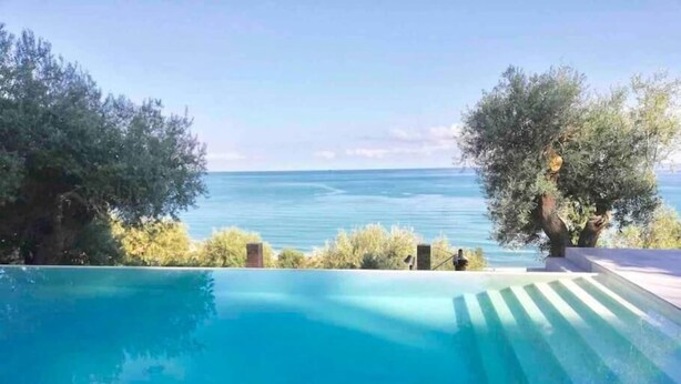 A swimming pool with a view of the sea, surrounded by trees and a clear sky.