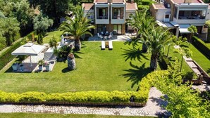 Een ruime, moderne villa met een groot gazon, palmbomen en een zwembad.