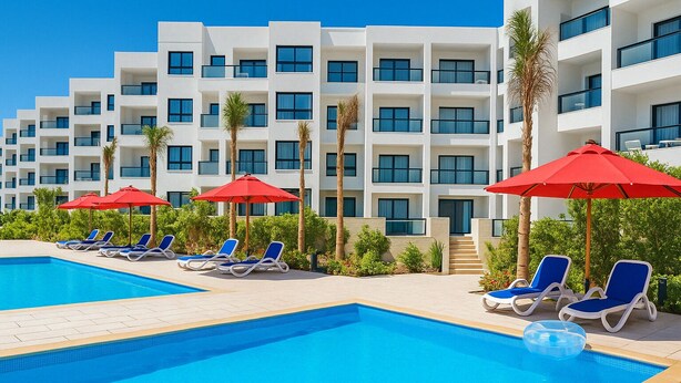 A modern hotel with a swimming pool, sun loungers, and red umbrellas. - Sun-drenched Days and Relaxing Nights Porto Said (Al-Manasrah)
