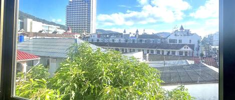 Vista desde una ventana de un paisaje urbano con un edificio alto, una combinación de edificios residenciales y comerciales, y vegetación exuberante en primer plano.