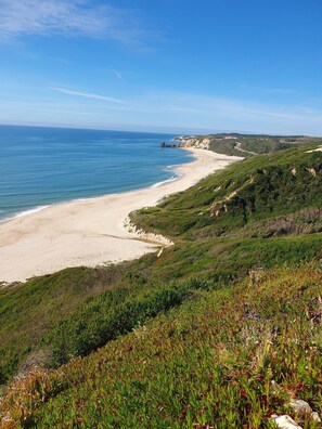 A coastal landscape with a sandy beach, green hills, and a clear blue sky.