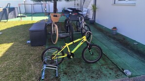 Una bicicletta gialla parcheggiata su un tappetino verde in un cortile residenziale con una casa bianca, un albero e un canestro da basket sullo sfondo.