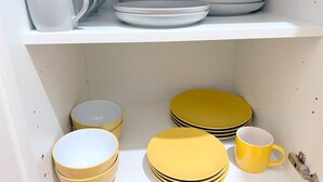 A shelf with neatly stacked plates and a mug.