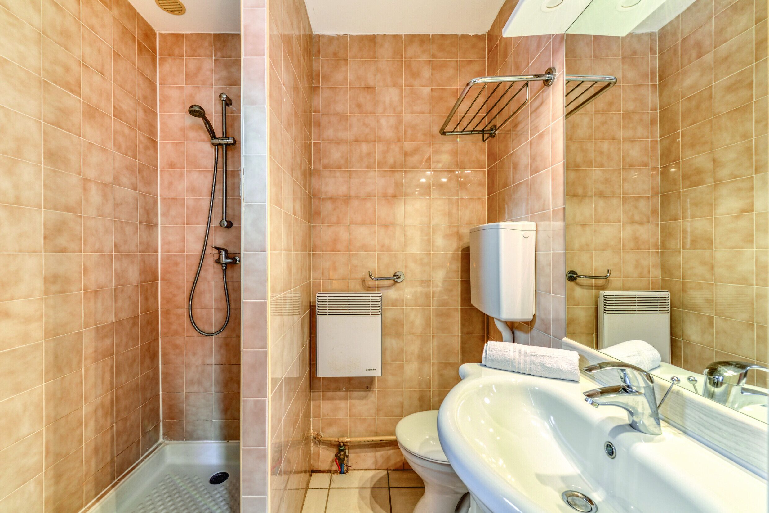 Een badkamer met douche, toilet, wastafel en handdoekhouder.