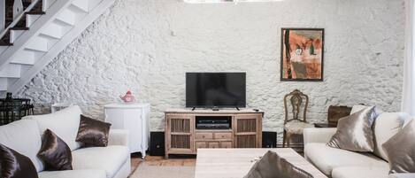 Télévision, cheminée, livres