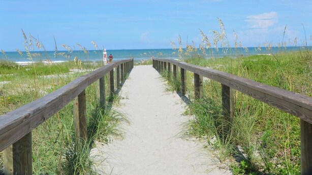 A wooden boardwalk leading to a beach with tall grasses and a clear blue sky.