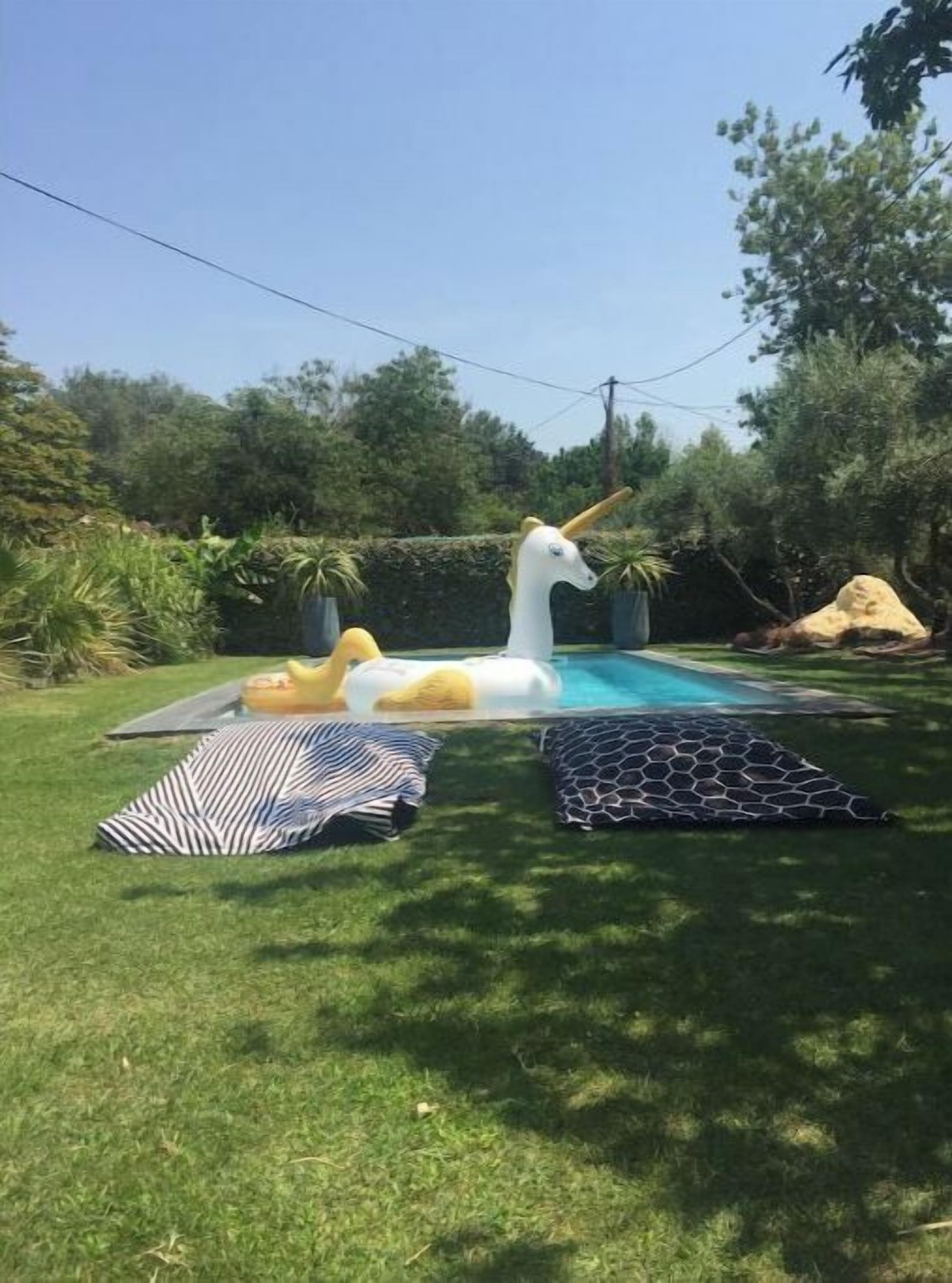 Un giardino con piscina, un galleggiante a forma di unicorno e due poltrone da esterno a fantasia.