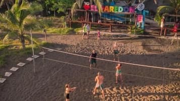 A beach volleyball game on a sandy court with palm trees in the background.