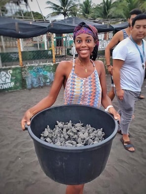 Una persona sostiene un cubo negro grande lleno de objetos pequeños y redondos, que parecen alimentos, al aire libre con suelo arenoso y una estructura con un letrero al fondo.