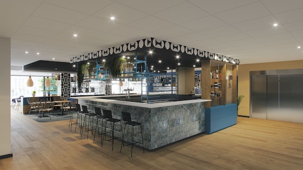 A modern bar area with a central island, bar stools, and a seating area with tables and chairs. - Ibis Styles Miramas - Provence (Miramas)