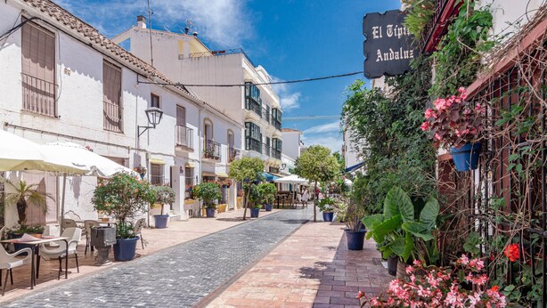 Une rue pavée bordée de bâtiments blancs, de terrasses et de plantes en pot.