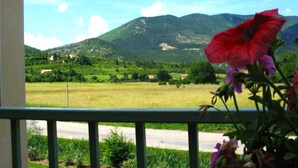 Ein Balkon mit Blick auf ein grünes Feld und Berge.