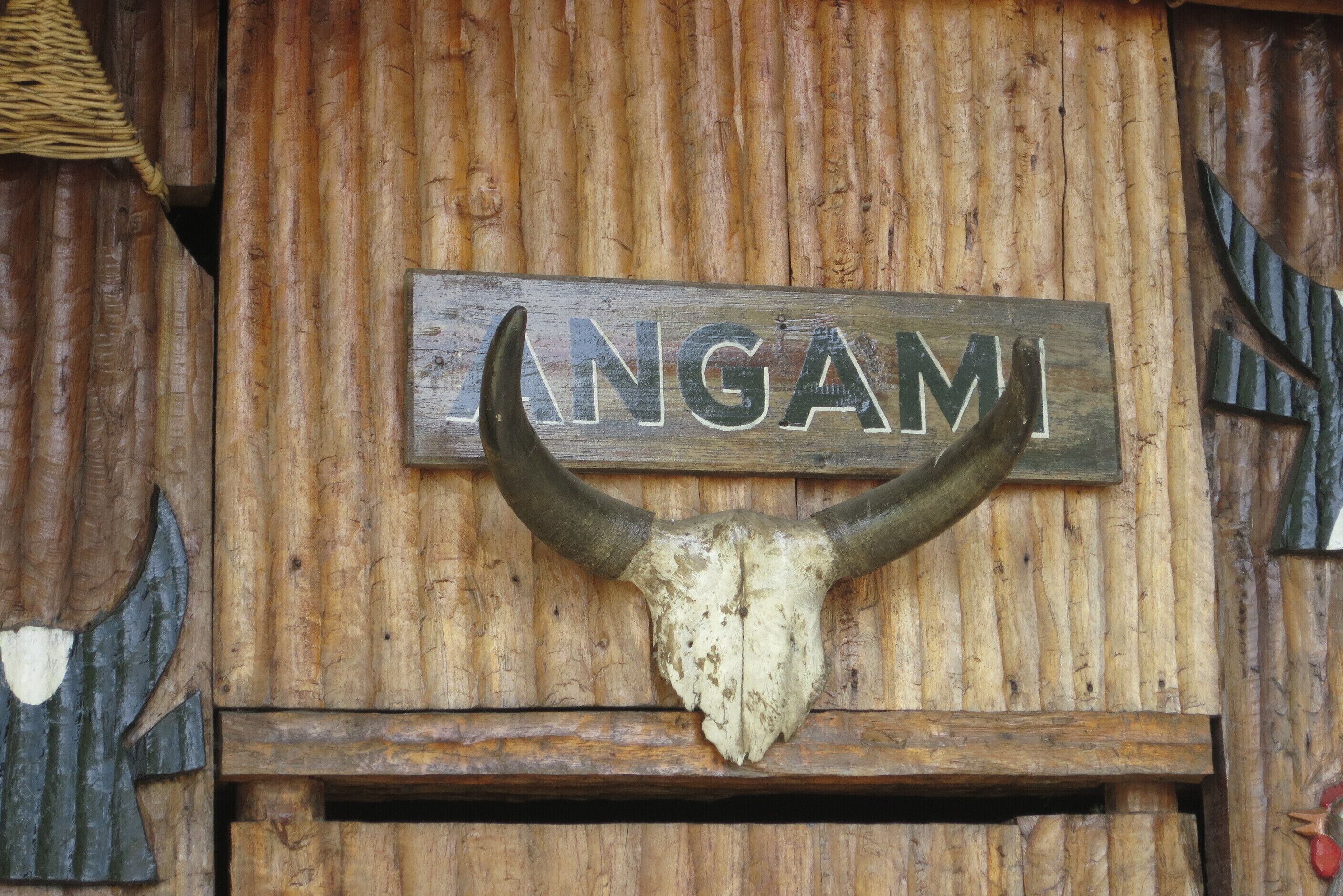 A wooden sign with the word "ANGAMI" and a large bull's head with horns.