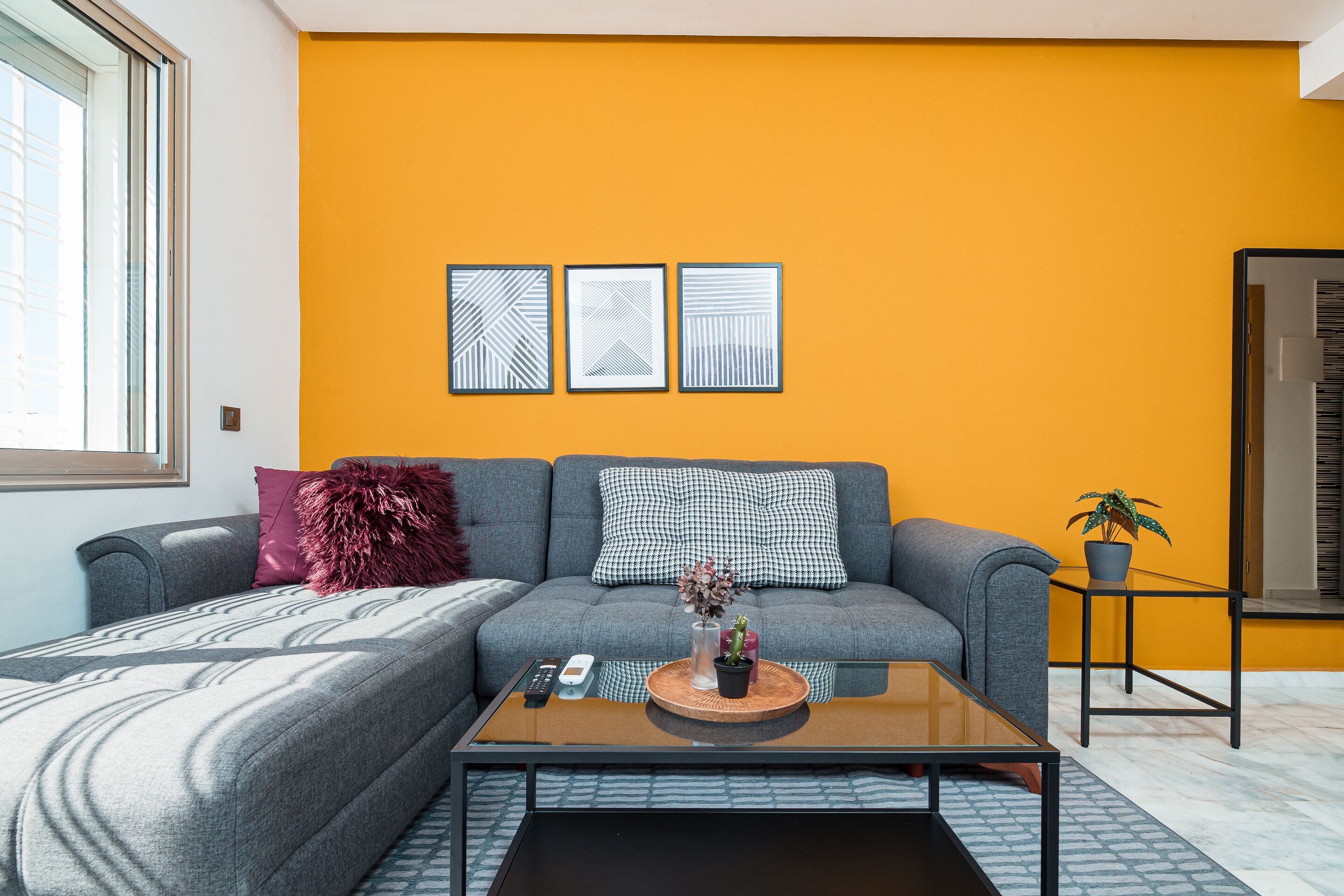 A modern living room with a sofa, a coffee table, and a small side table with a plant.