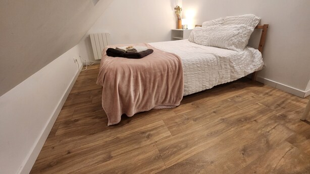 A small, cozy bedroom with a sloped ceiling, a wooden floor, a bed with a white quilt, a pink throw blanket, and a bedside table with a lamp. - Sous les Toits de Béthune (Béthune)
