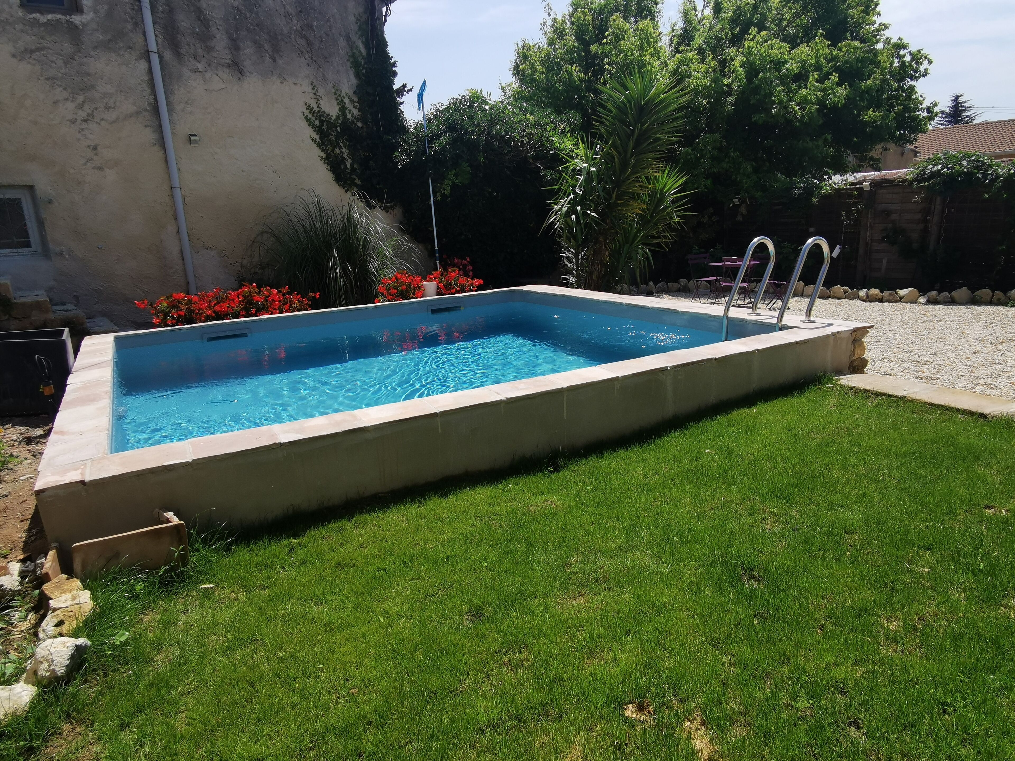 Ein rechteckiger Swimmingpool mit Betonrand, umgeben von Rasen und roten Blumen.