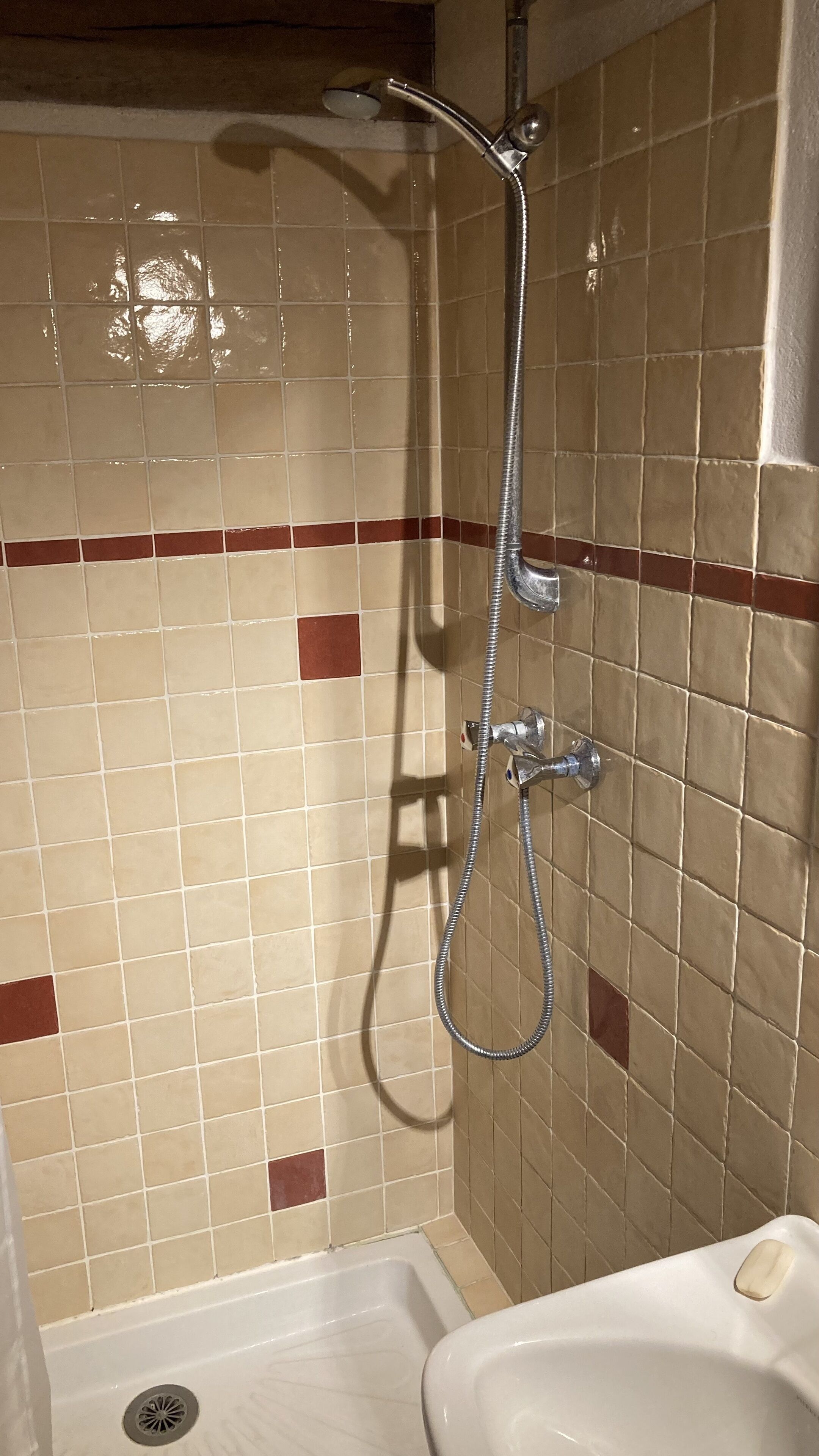 A shower area with a handheld showerhead and a wall-mounted faucet.