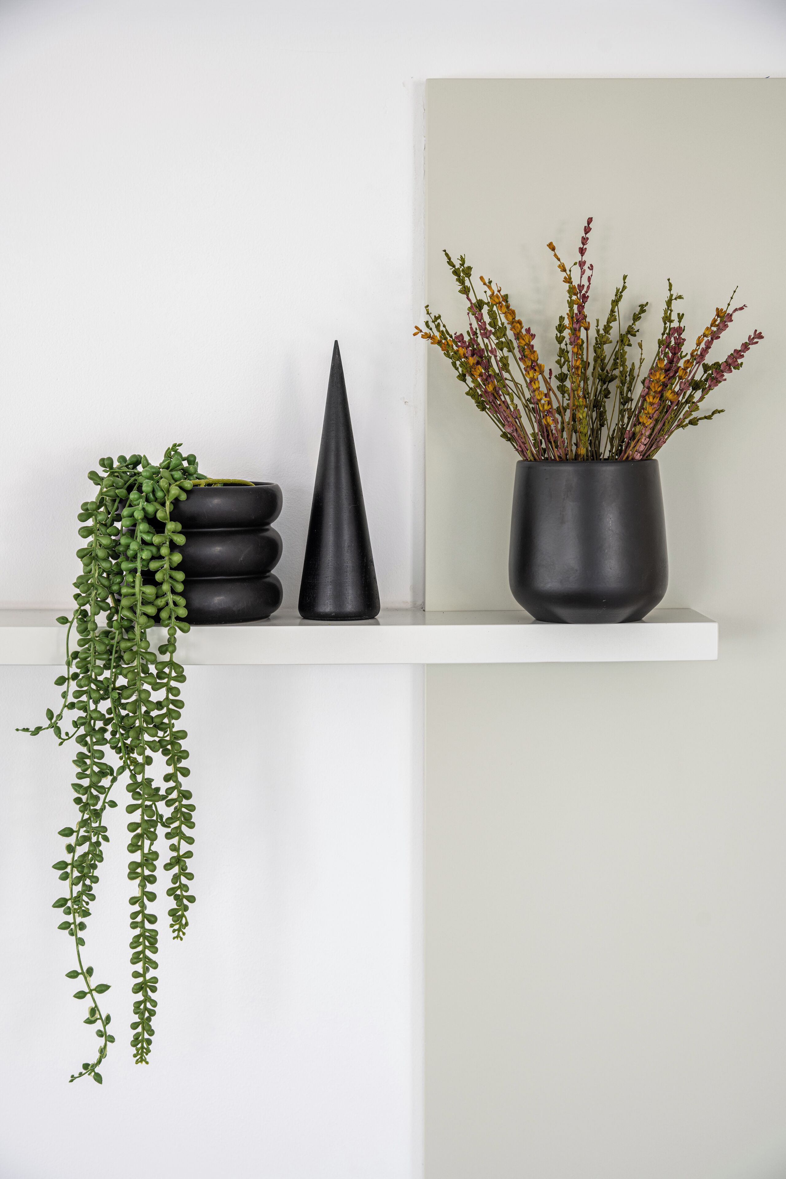 A shelf with a hanging green plant, a black vase, and a black pot with dried flowers.
