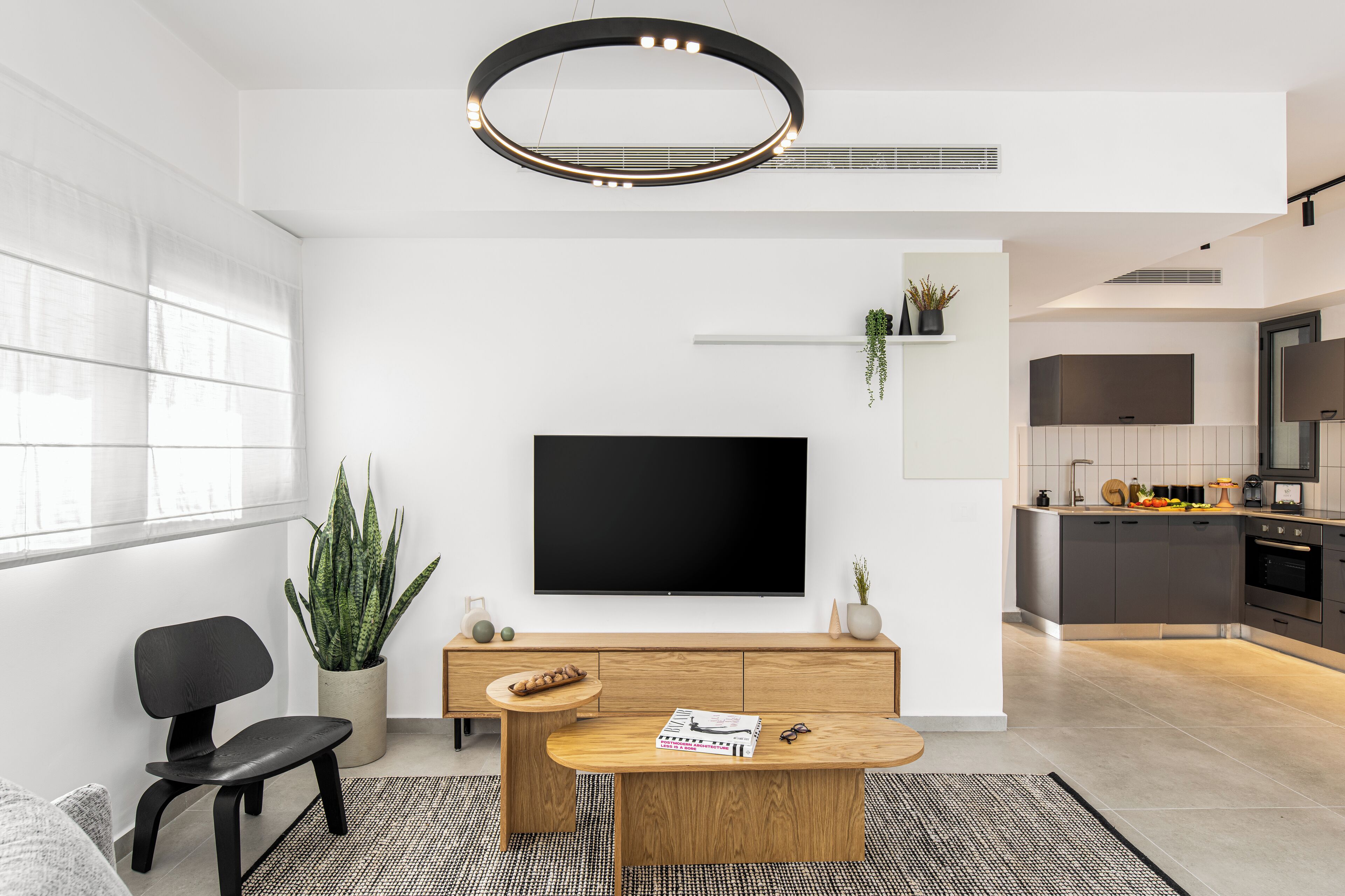 A modern living room with a flat-screen TV, a wooden coffee table, a black chair, and a potted plant.