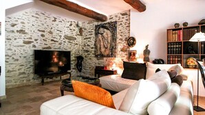A cozy living room with a stone wall, a fireplace, a television, and a bookshelf. - Bastide nestled in the heart of nature (La Garde-Freinet)