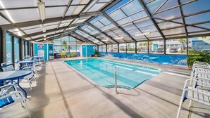 Une piscine intérieure dotée d’un plafond en verre transparent, de murs bleus et d’une fresque représentant la vie marine.
