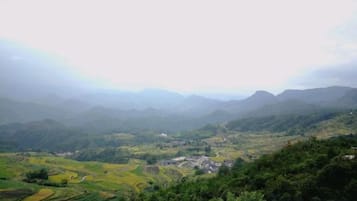 A mountainous landscape with terraced fields and a small settlement.