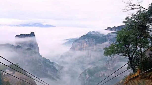 Un paysage montagneux avec une vallée et un arbre sur le côté droit.