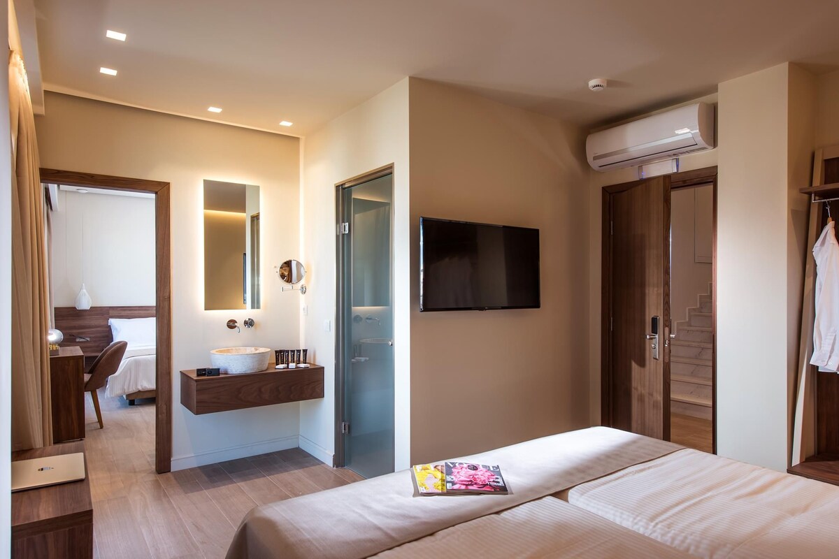 Habitación de hotel con cama, televisor, baño con espejo, lavamanos y armario.