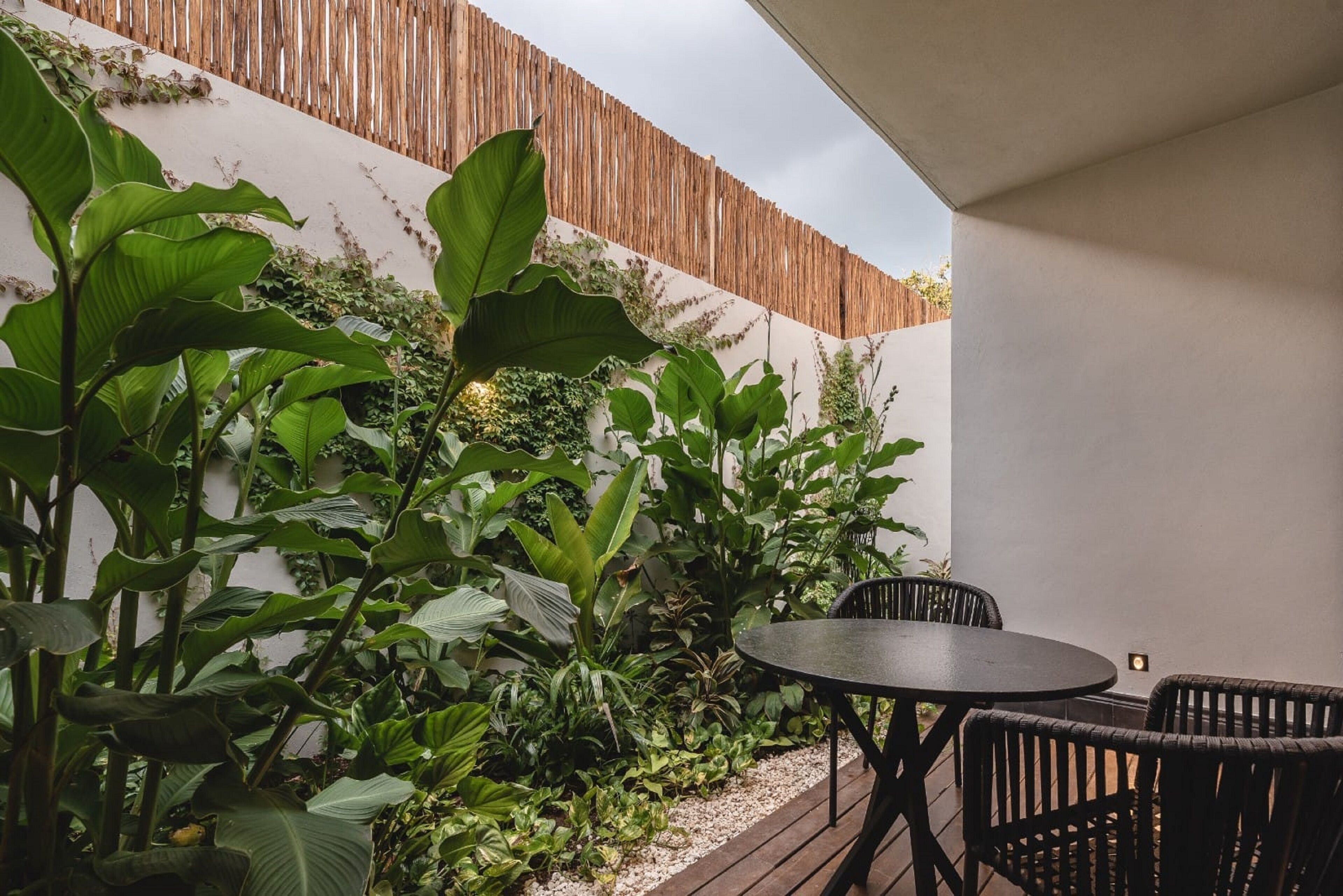 A patio with a round table and wicker chairs, surrounded by lush green plants and a wooden fence.