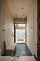 Junior Double Room, Garden View | Bathroom | Shower, hair dryer, bathrobes, towels