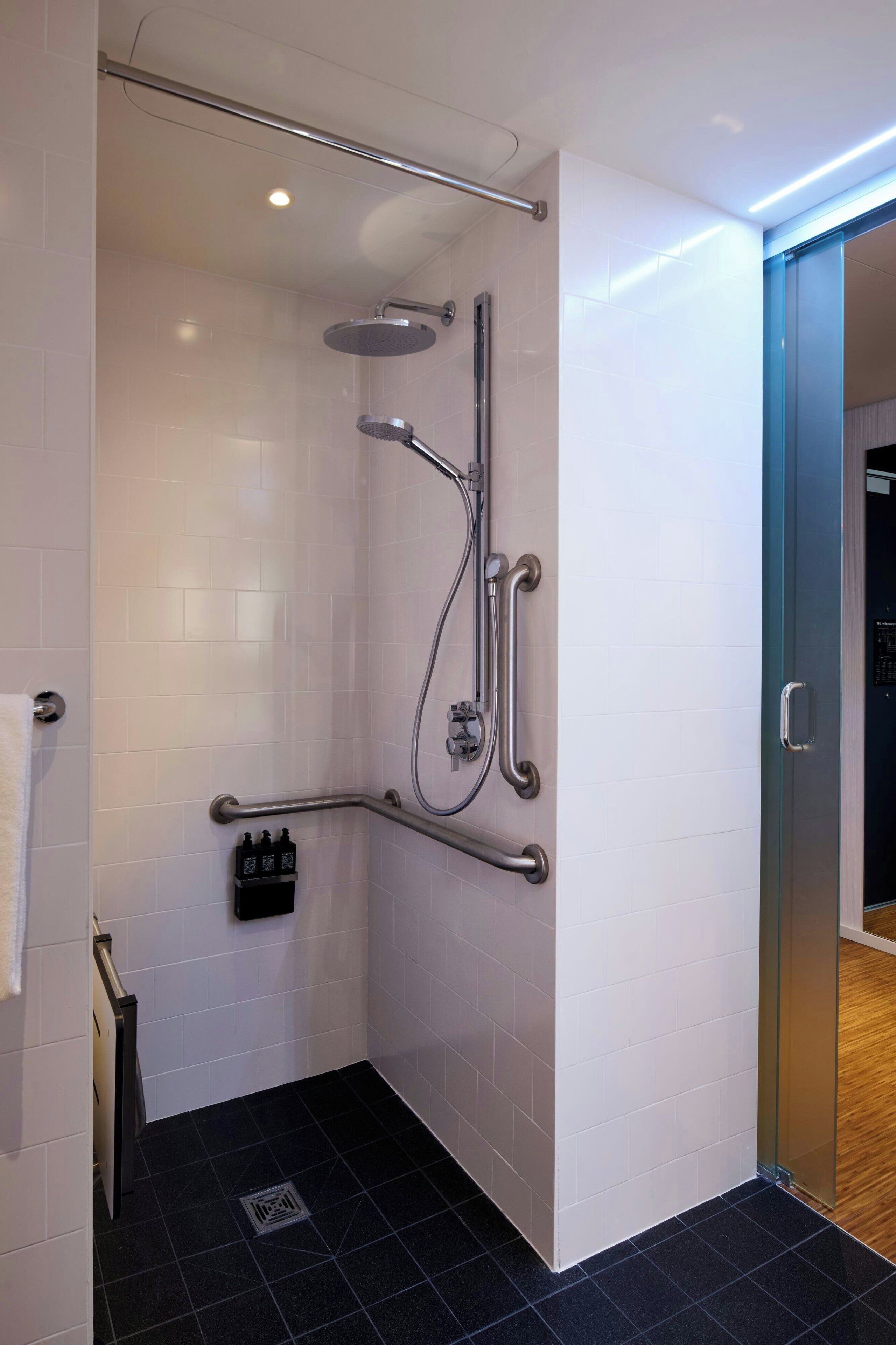 A modern shower area with a glass door, a handrail, and a control panel.
