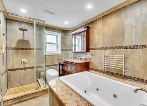 Shower, hair dryer, bidet, towels