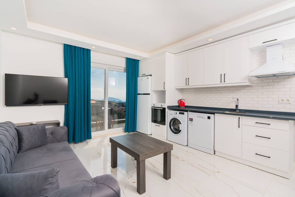 A modern apartment with a grey sofa, a wooden coffee table, a flat-screen TV, a washing machine, and a kitchen with white cabinets and a black countertop.