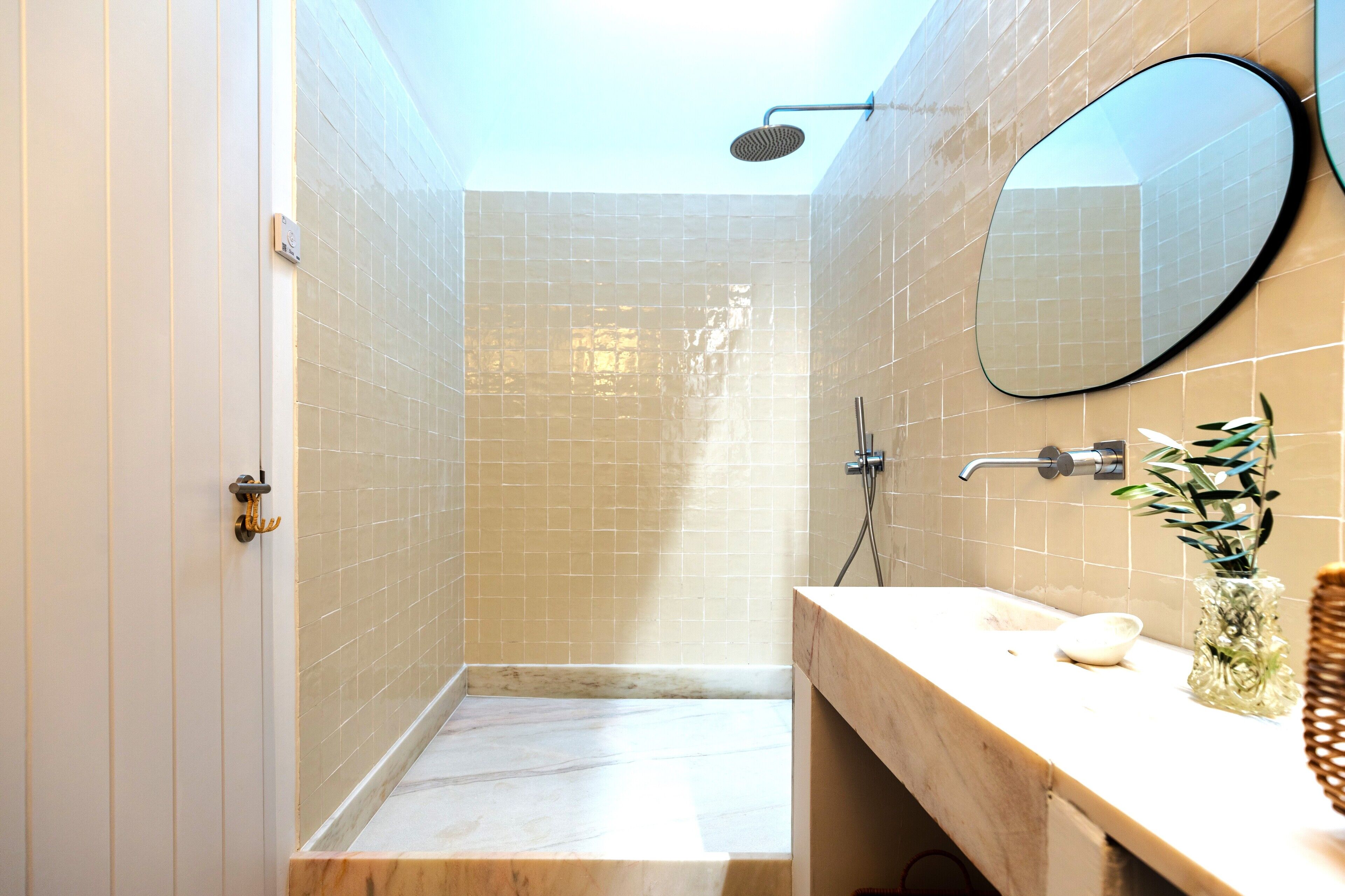 Un baño con ducha, un lavabo con espejo y un florero con plantas.