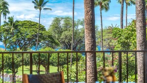 Un balcón con vistas a un jardín tropical y una masa de agua.