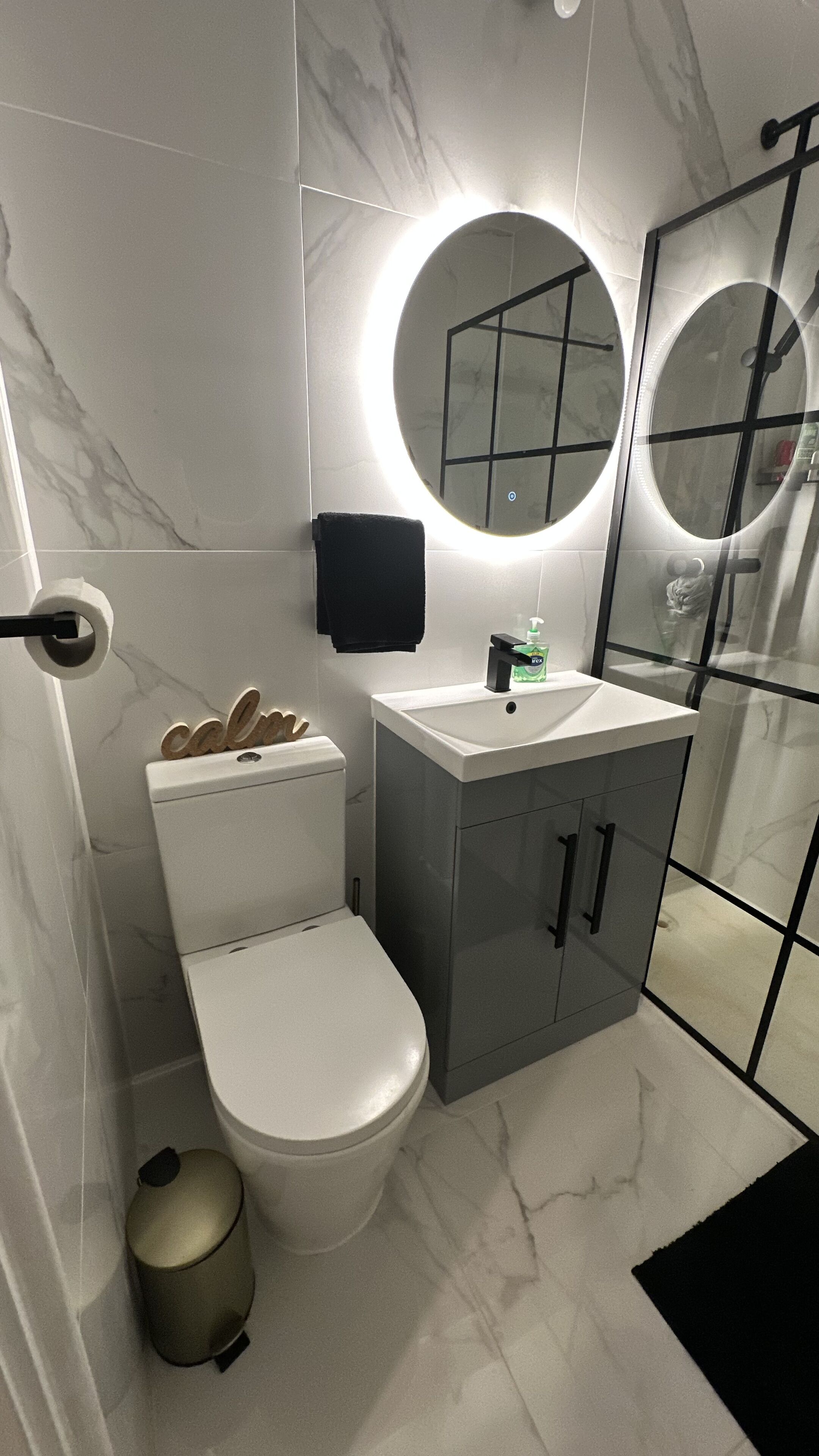 Hair dryer, towels, soap, shampoo