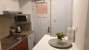A compact kitchen with a microwave, kettle, and a small table with a plant and a roll of paper towels. - Iva - Modern Downtown - A2 Navada (Split)