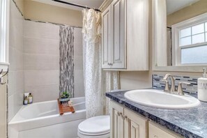 Hair dryer, towels, soap, shampoo