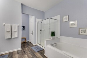 Hair dryer, towels, shampoo